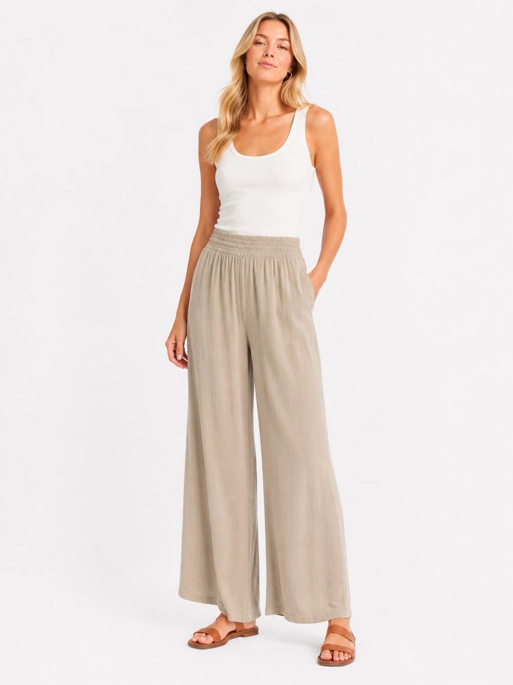NWT Zara XS Taupe Wide-Leg Pull-On Pants Elastic Waist